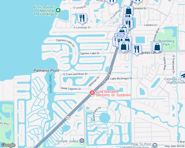 map of restaurants, bars, coffee shops, grocery stores, and more near 1019 South Town and River Drive in Fort Myers