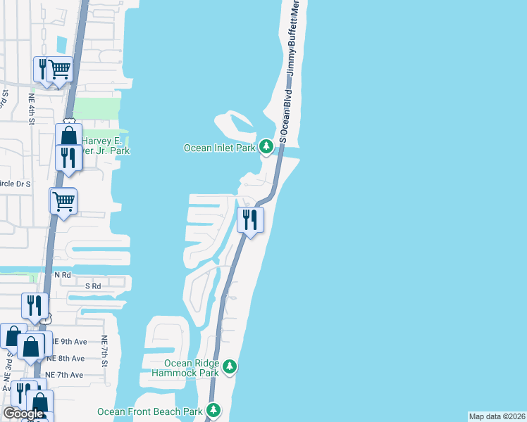 map of restaurants, bars, coffee shops, grocery stores, and more near 6885 North Ocean Boulevard in Ocean Ridge