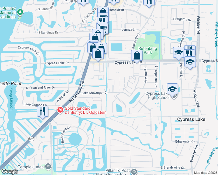 map of restaurants, bars, coffee shops, grocery stores, and more near 13647 McGregor Village Drive in Fort Myers