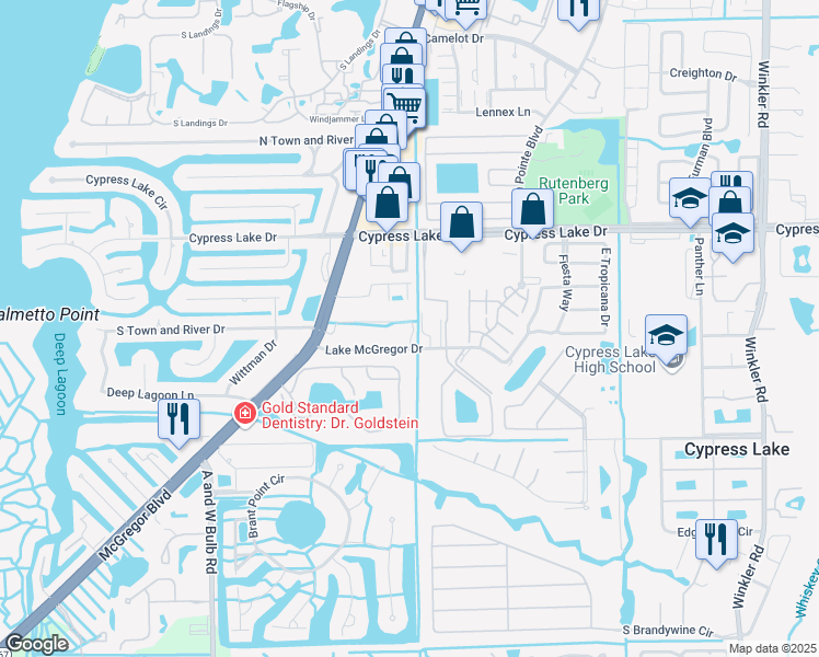 map of restaurants, bars, coffee shops, grocery stores, and more near 1182 South Town and River Drive in Fort Myers