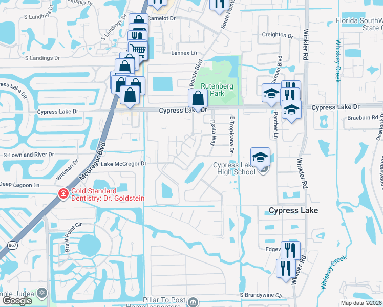 map of restaurants, bars, coffee shops, grocery stores, and more near 1185 Lake McGregor Drive in Fort Myers