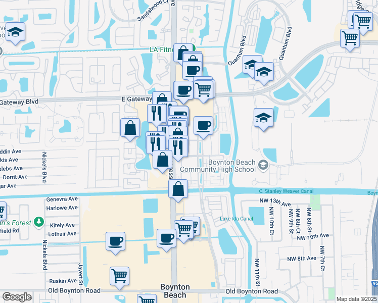 map of restaurants, bars, coffee shops, grocery stores, and more near 1625 Renaissance Commons Boulevard in Boynton Beach