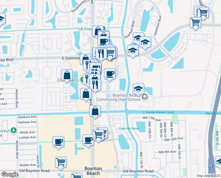 map of restaurants, bars, coffee shops, grocery stores, and more near 1645 Renaissance Commons Boulevard in Boynton Beach