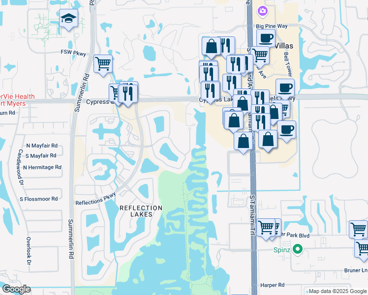map of restaurants, bars, coffee shops, grocery stores, and more near 4 Reflection Cove Drive in Fort Myers
