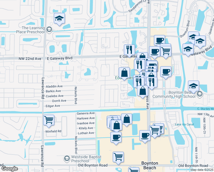 map of restaurants, bars, coffee shops, grocery stores, and more near 2306 Northwest 15th Way in Boynton Beach