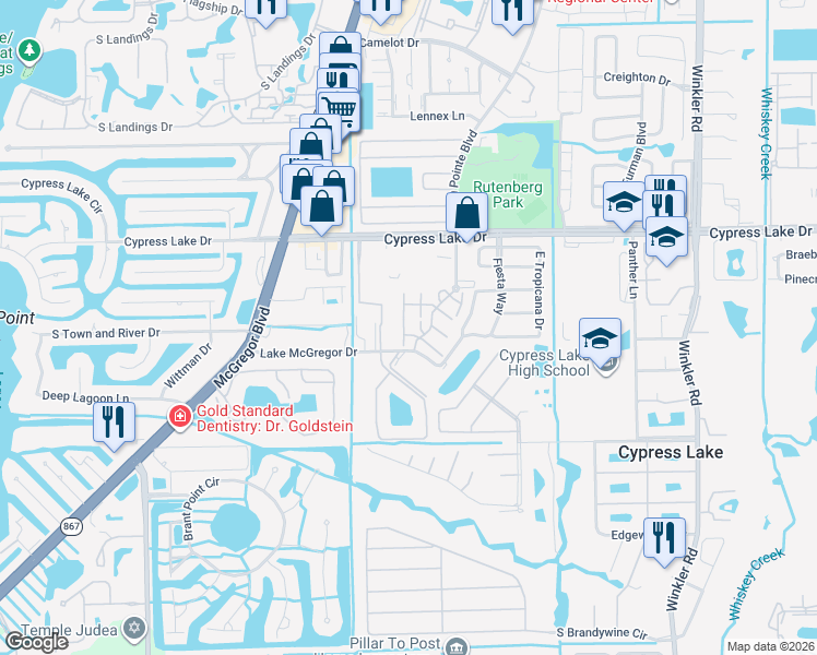map of restaurants, bars, coffee shops, grocery stores, and more near 13730 Downing Lane in Fort Myers