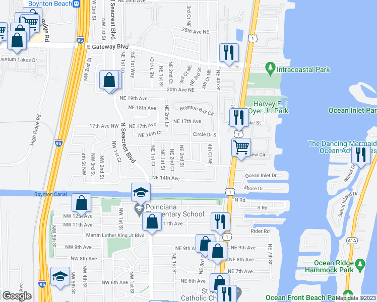 map of restaurants, bars, coffee shops, grocery stores, and more near 1621 Northeast 3rd Street in Boynton Beach