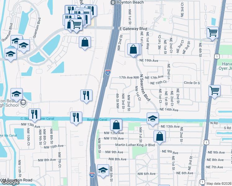 map of restaurants, bars, coffee shops, grocery stores, and more near 401 Northwest 15th Avenue in Boynton Beach
