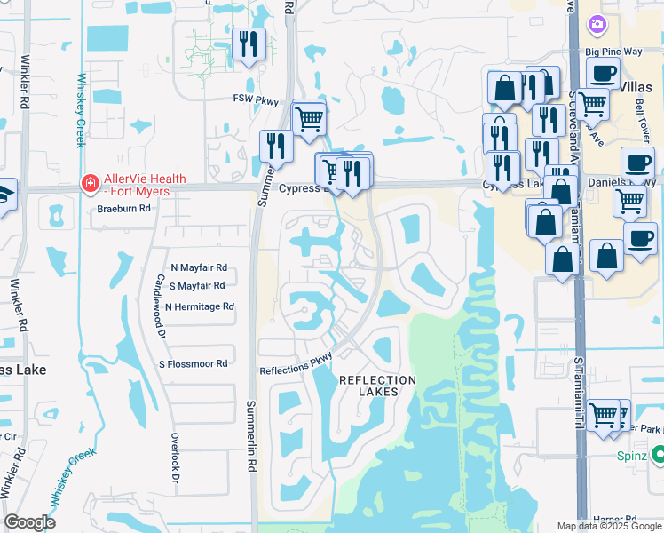 map of restaurants, bars, coffee shops, grocery stores, and more near Reflection Cove Drive in Fort Myers