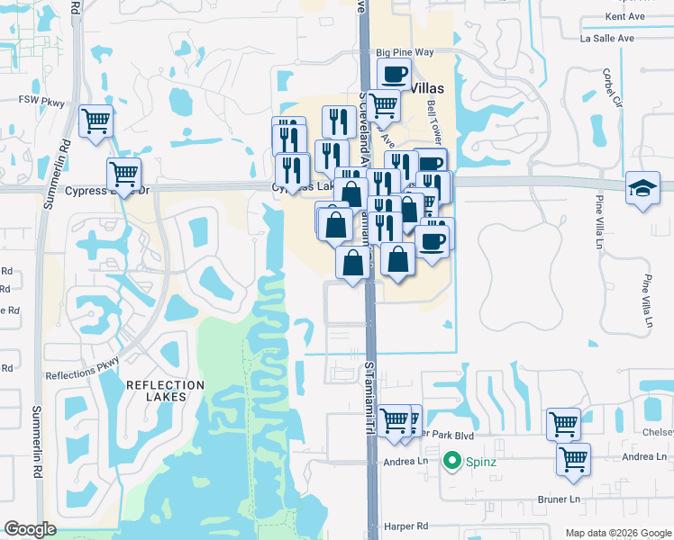 map of restaurants, bars, coffee shops, grocery stores, and more near 7090 Cypress Terrace in Fort Myers