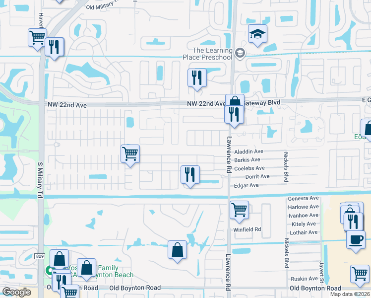 map of restaurants, bars, coffee shops, grocery stores, and more near 8979 West Shady Lane in Boynton Beach