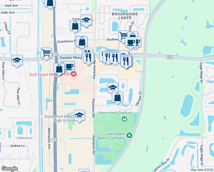 map of restaurants, bars, coffee shops, grocery stores, and more near Lakeshore Lane in Fort Myers