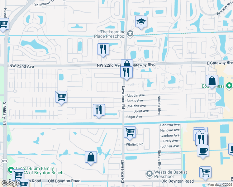 map of restaurants, bars, coffee shops, grocery stores, and more near 4056 South Shady Lane in Boynton Beach