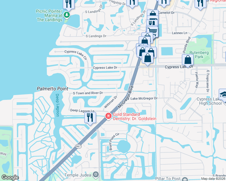 map of restaurants, bars, coffee shops, grocery stores, and more near 1019 South Town and River Drive in Fort Myers