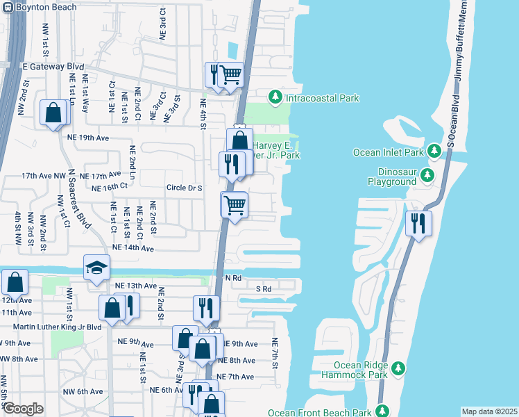 map of restaurants, bars, coffee shops, grocery stores, and more near 671 Manatee Bay Drive in Boynton Beach