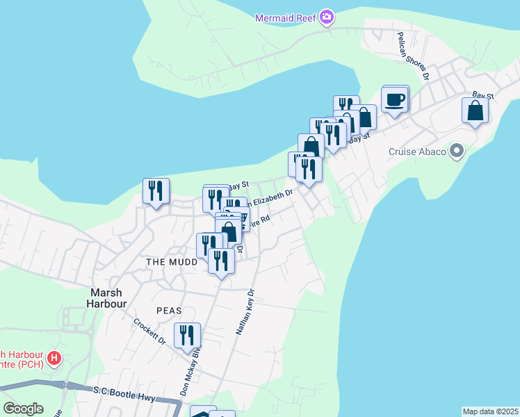 map of restaurants, bars, coffee shops, grocery stores, and more near Queen Elizabeth Drive in Marsh Harbour