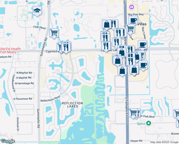 map of restaurants, bars, coffee shops, grocery stores, and more near 4 Reflection Cove Drive in Fort Myers