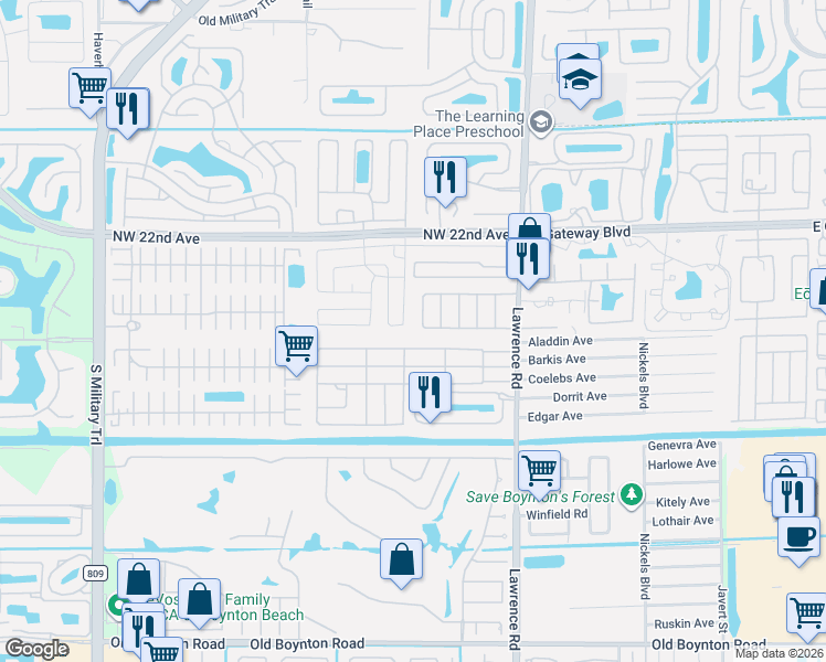 map of restaurants, bars, coffee shops, grocery stores, and more near 8979 West Shady Lane in Boynton Beach