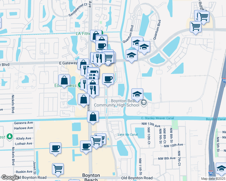 map of restaurants, bars, coffee shops, grocery stores, and more near 1645 Renaissance Commons Boulevard in Boynton Beach