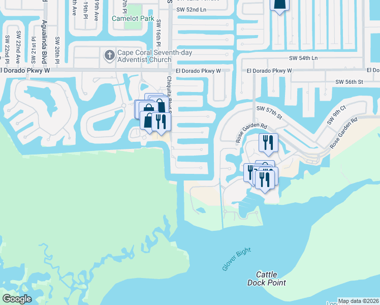 map of restaurants, bars, coffee shops, grocery stores, and more near 1510 Southwest 58th Lane in Cape Coral