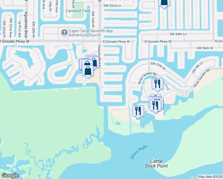 map of restaurants, bars, coffee shops, grocery stores, and more near 1510 Southwest 58th Lane in Cape Coral