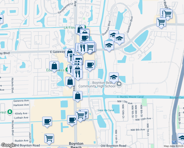 map of restaurants, bars, coffee shops, grocery stores, and more near 1645 Renaissance Commons Boulevard in Boynton Beach