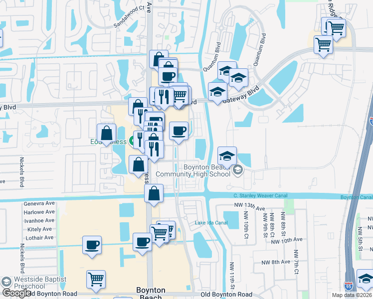 map of restaurants, bars, coffee shops, grocery stores, and more near 1645 Renaissance Commons Boulevard in Boynton Beach