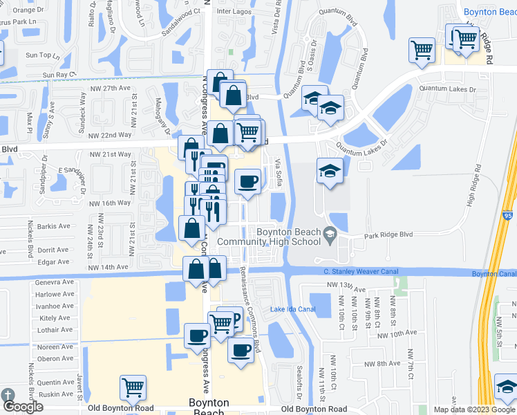 map of restaurants, bars, coffee shops, grocery stores, and more near 1645 Renaissance Commons Boulevard in Boynton Beach