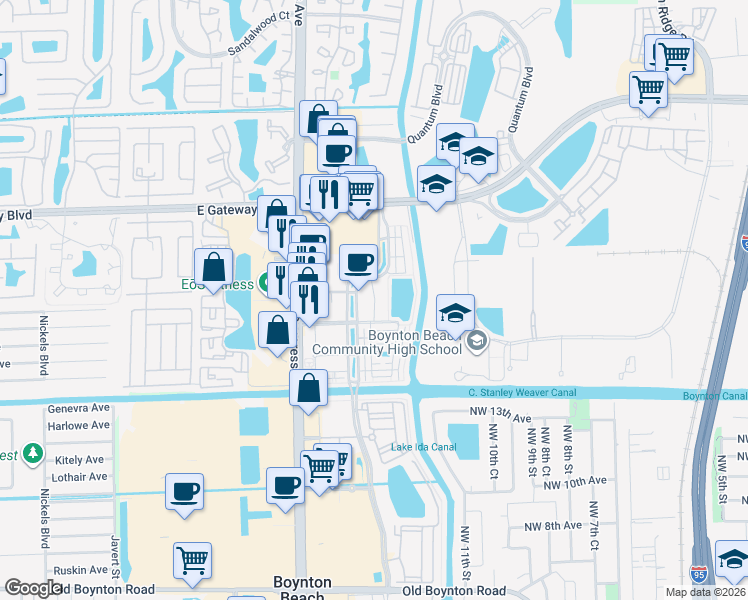 map of restaurants, bars, coffee shops, grocery stores, and more near 1645 Renaissance Commons Boulevard in Boynton Beach