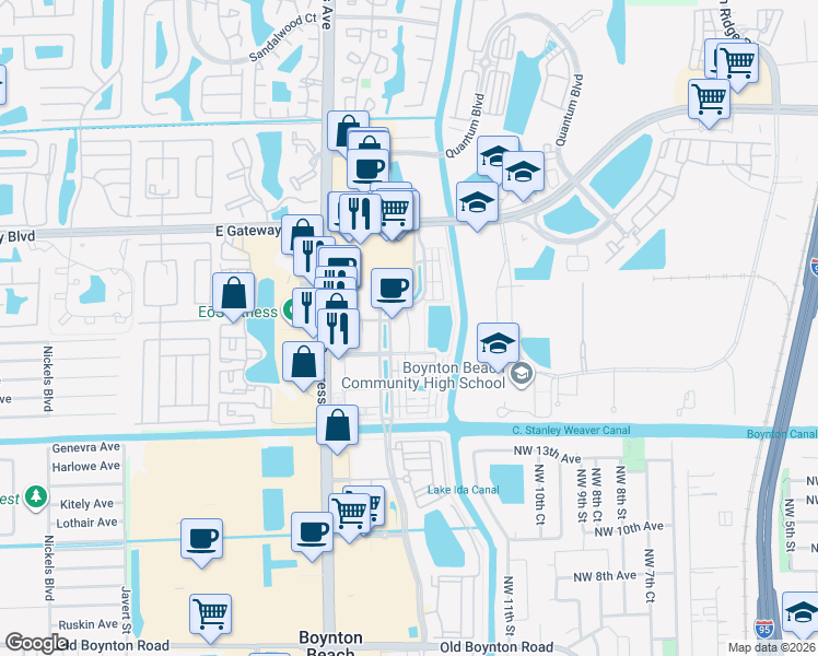 map of restaurants, bars, coffee shops, grocery stores, and more near 1645 Renaissance Commons Boulevard in Boynton Beach