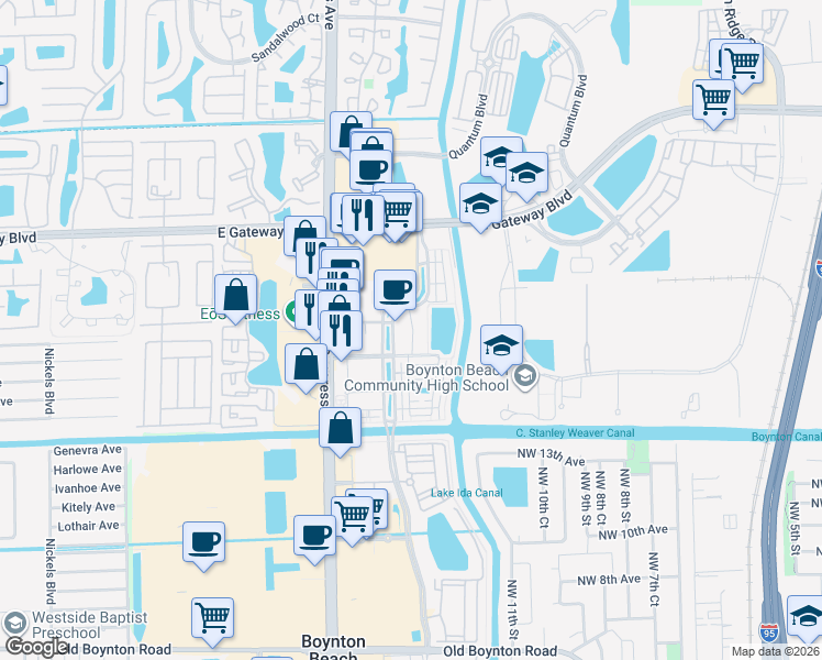 map of restaurants, bars, coffee shops, grocery stores, and more near 1645 Renaissance Commons Boulevard in Boynton Beach