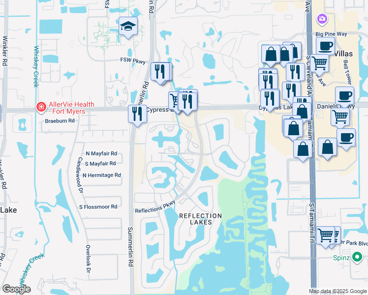map of restaurants, bars, coffee shops, grocery stores, and more near Reflection Cove Drive in Fort Myers