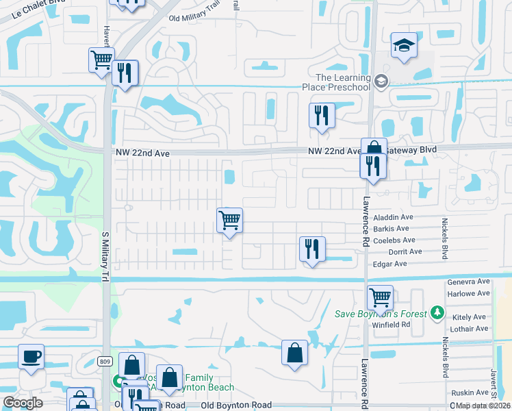 map of restaurants, bars, coffee shops, grocery stores, and more near 4395 Mockingbird Drive in Boynton Beach