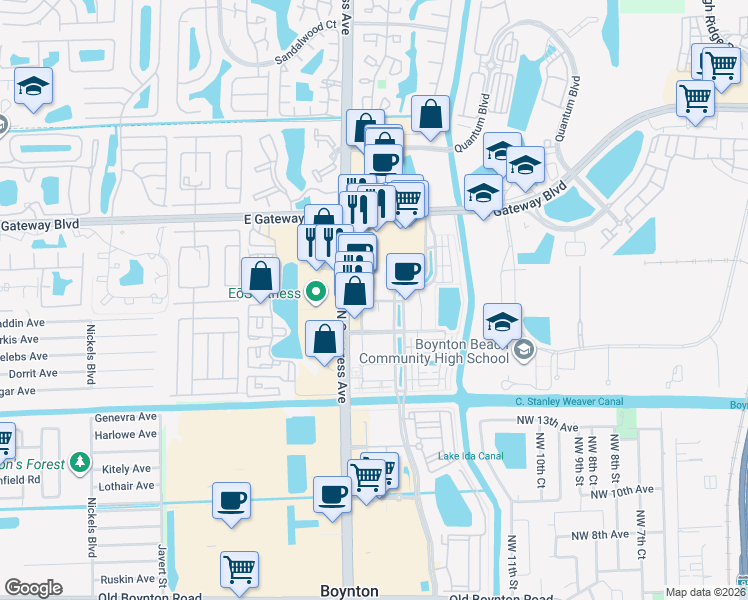 map of restaurants, bars, coffee shops, grocery stores, and more near 1605 Renaissance Commons Boulevard in Boynton Beach