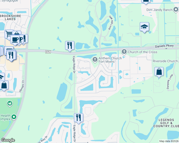 map of restaurants, bars, coffee shops, grocery stores, and more near 13581 Eagle Ridge Drive in Fort Myers