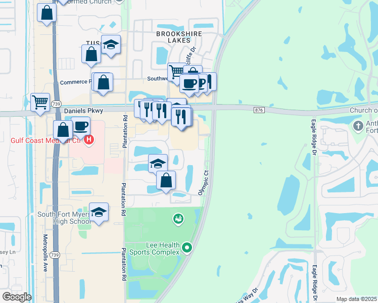 map of restaurants, bars, coffee shops, grocery stores, and more near 6900 Daniels Parkway in Fort Myers