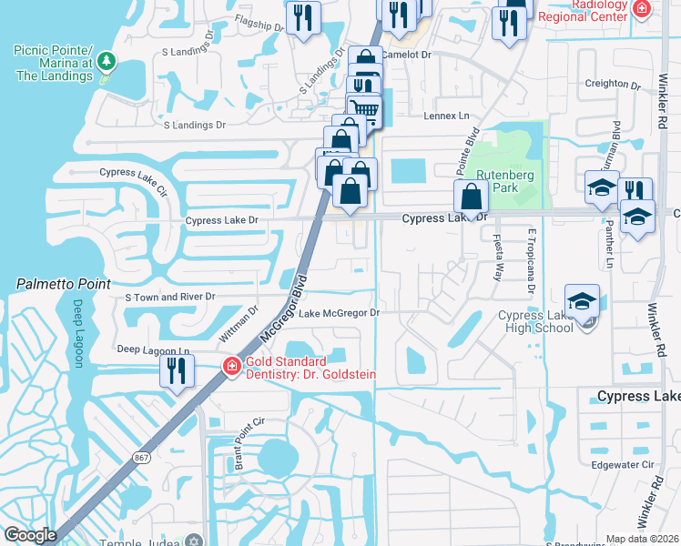 map of restaurants, bars, coffee shops, grocery stores, and more near 1069 Southdale Road in Fort Myers