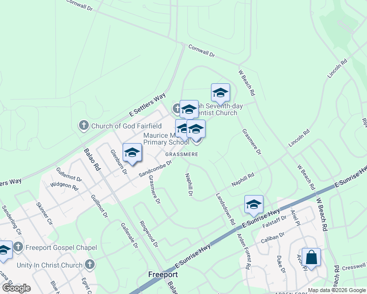 map of restaurants, bars, coffee shops, grocery stores, and more near Sandcombe Drive in Freeport