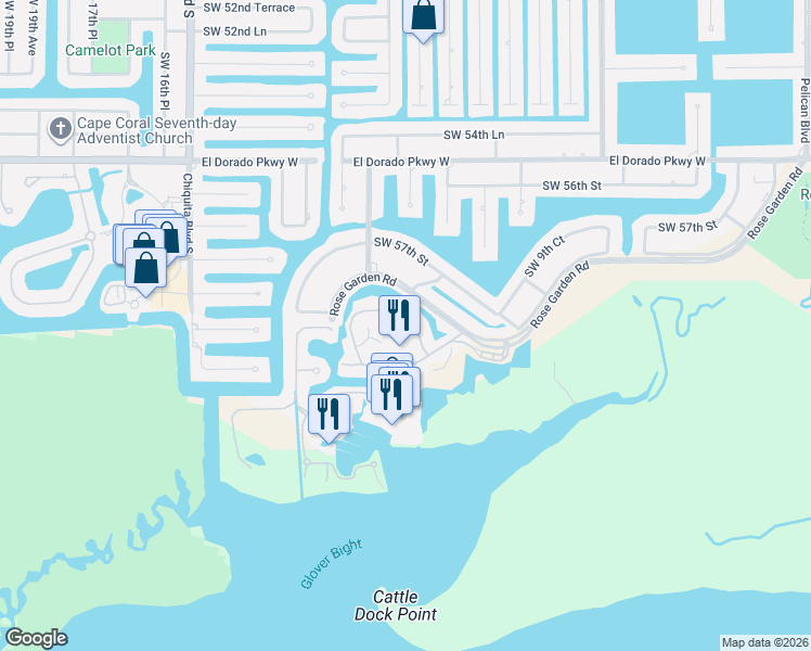 map of restaurants, bars, coffee shops, grocery stores, and more near 5933 Tarpon Gardens Circle in Cape Coral