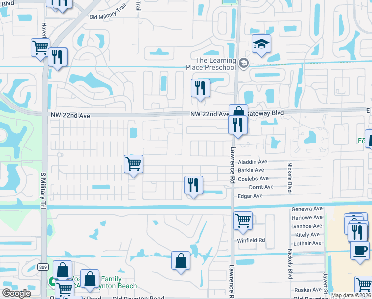 map of restaurants, bars, coffee shops, grocery stores, and more near 8903 West Shady Lane in Boynton Beach