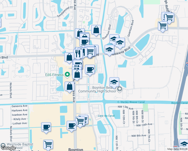 map of restaurants, bars, coffee shops, grocery stores, and more near 1811 Renaissance Commons Boulevard in Boynton Beach