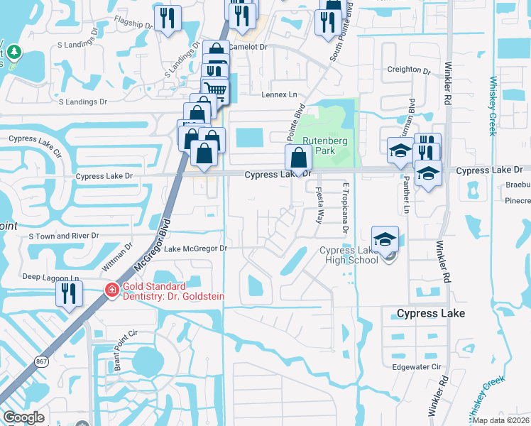 map of restaurants, bars, coffee shops, grocery stores, and more near 9321 Cypress Lake Drive in Fort Myers