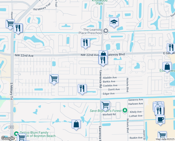 map of restaurants, bars, coffee shops, grocery stores, and more near 4141 North Shady Lane in Boynton Beach