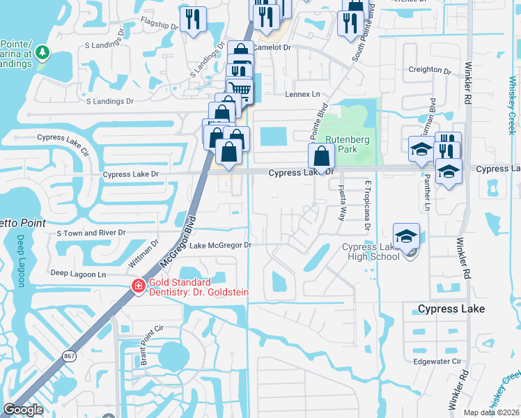 map of restaurants, bars, coffee shops, grocery stores, and more near 9421 Cypress Lake Drive in Fort Myers