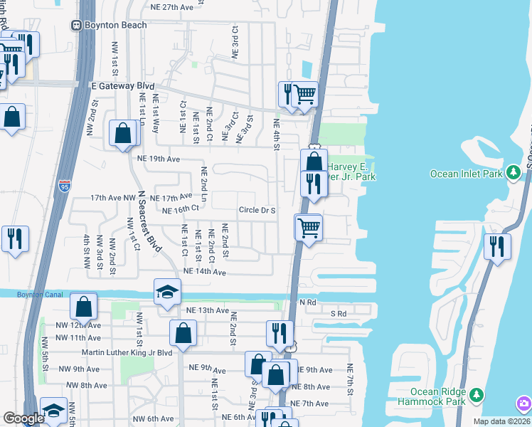 map of restaurants, bars, coffee shops, grocery stores, and more near 452 Circle Drive South in Boynton Beach