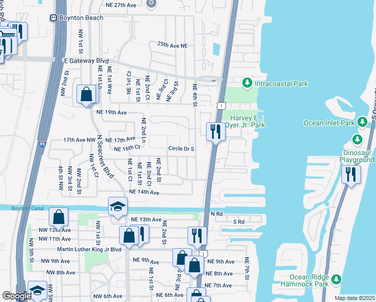 map of restaurants, bars, coffee shops, grocery stores, and more near 452 Circle Drive South in Boynton Beach