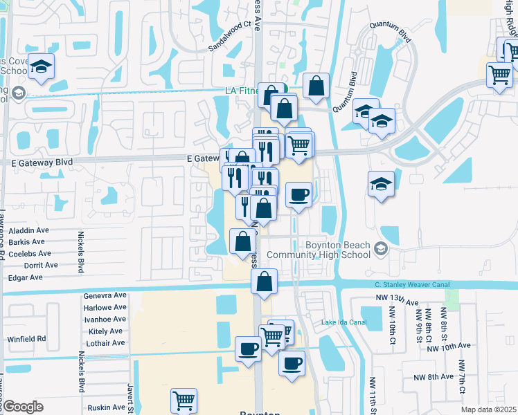 map of restaurants, bars, coffee shops, grocery stores, and more near 1880 North Congress Avenue in Boynton Beach