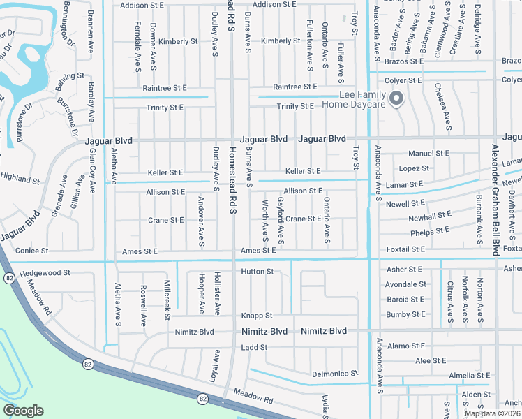 map of restaurants, bars, coffee shops, grocery stores, and more near 831 Burns Avenue South in Lehigh Acres