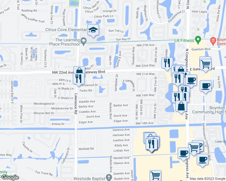 map of restaurants, bars, coffee shops, grocery stores, and more near 3778 Sandpiper Drive in Boynton Beach