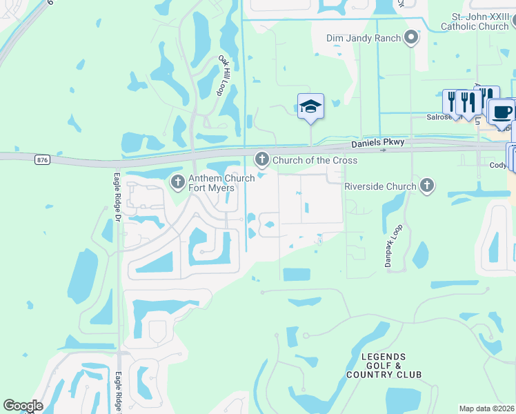 map of restaurants, bars, coffee shops, grocery stores, and more near 13680 Hickory Run Lane in Fort Myers